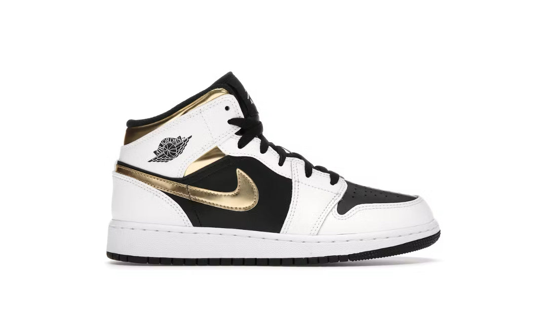 Jordan 1 Mid White black Gold gs